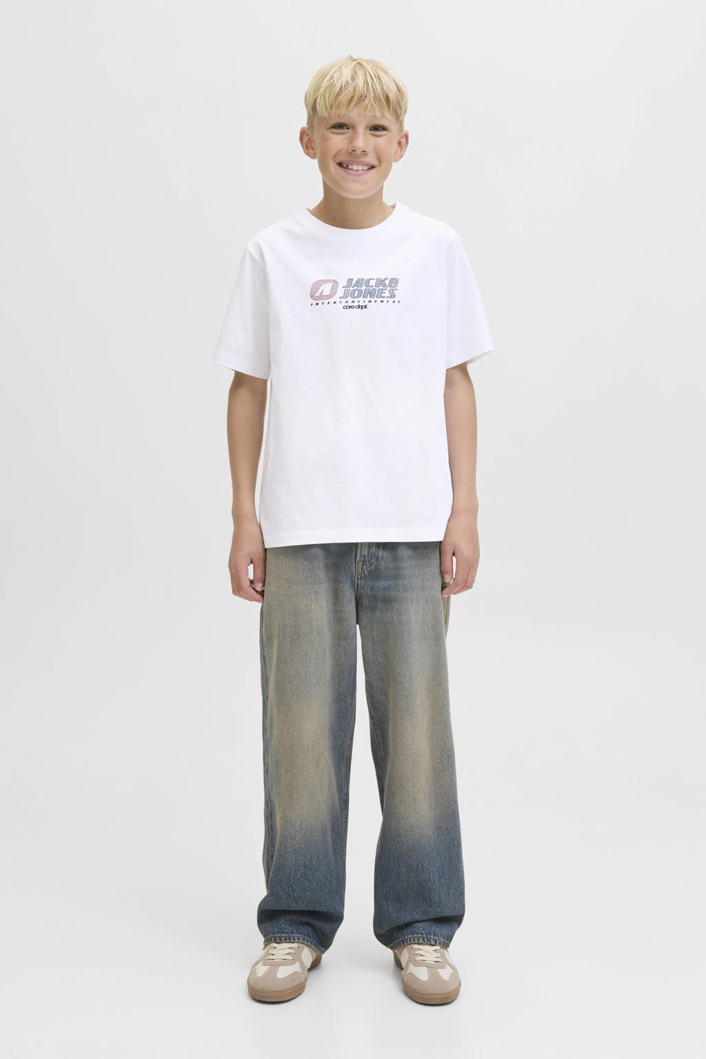 Witte jongens JACK & JONES JUNIOR T-shirt van katoen met logo dessin, korte mouwen en ronde hals