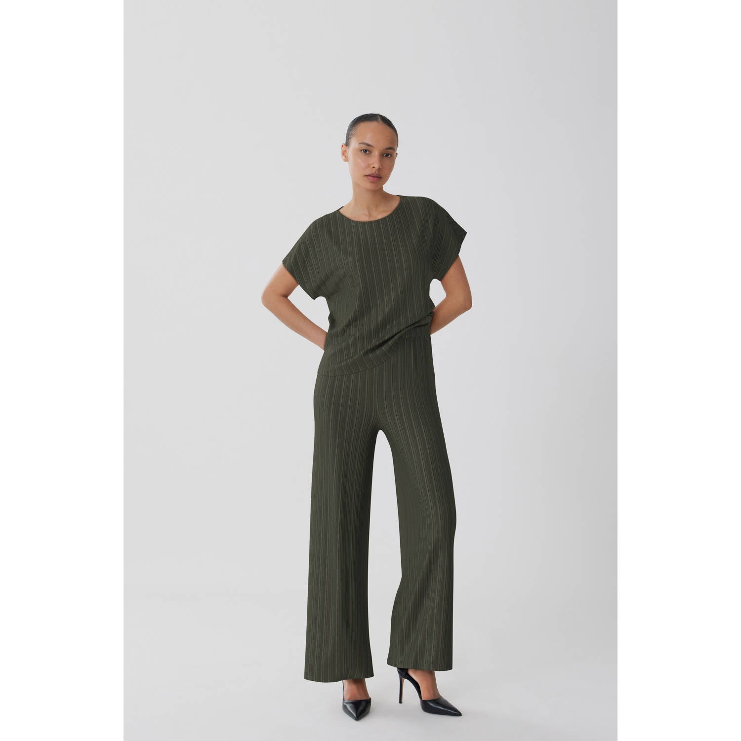 VILA regular high waist casual broek donkergroen