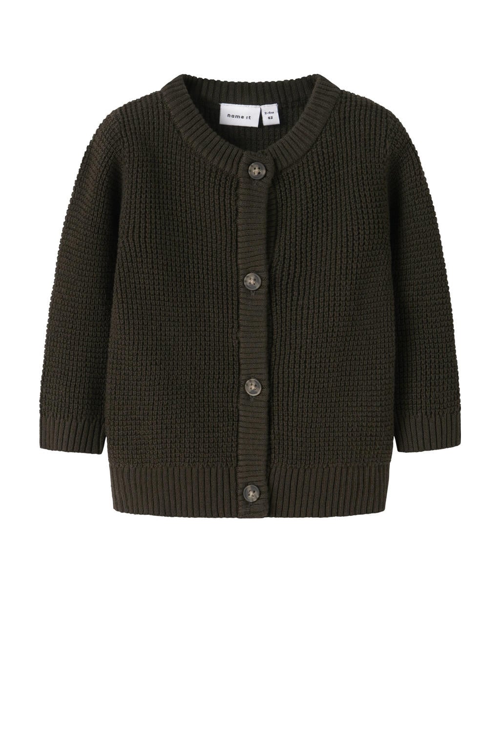 Bruine meisjes NAME IT BABY vest gebreid van katoen met effen, lange mouwen, ronde hals en knoopsluiting