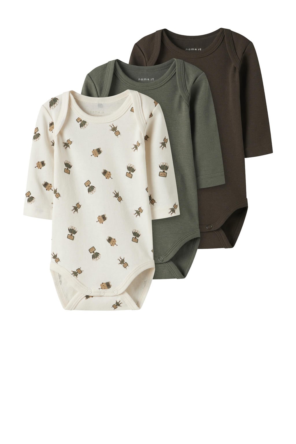 NAME IT BABY romper - beige/groen/bruin (set van 3)