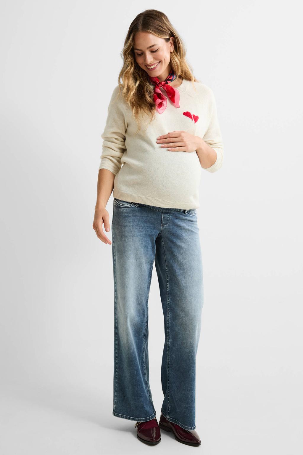 Ecru dames VERO MODA MATERNITY zwangerschaps trui fijn gebreid van polyester met printopdruk, lange mouwen en ronde hals