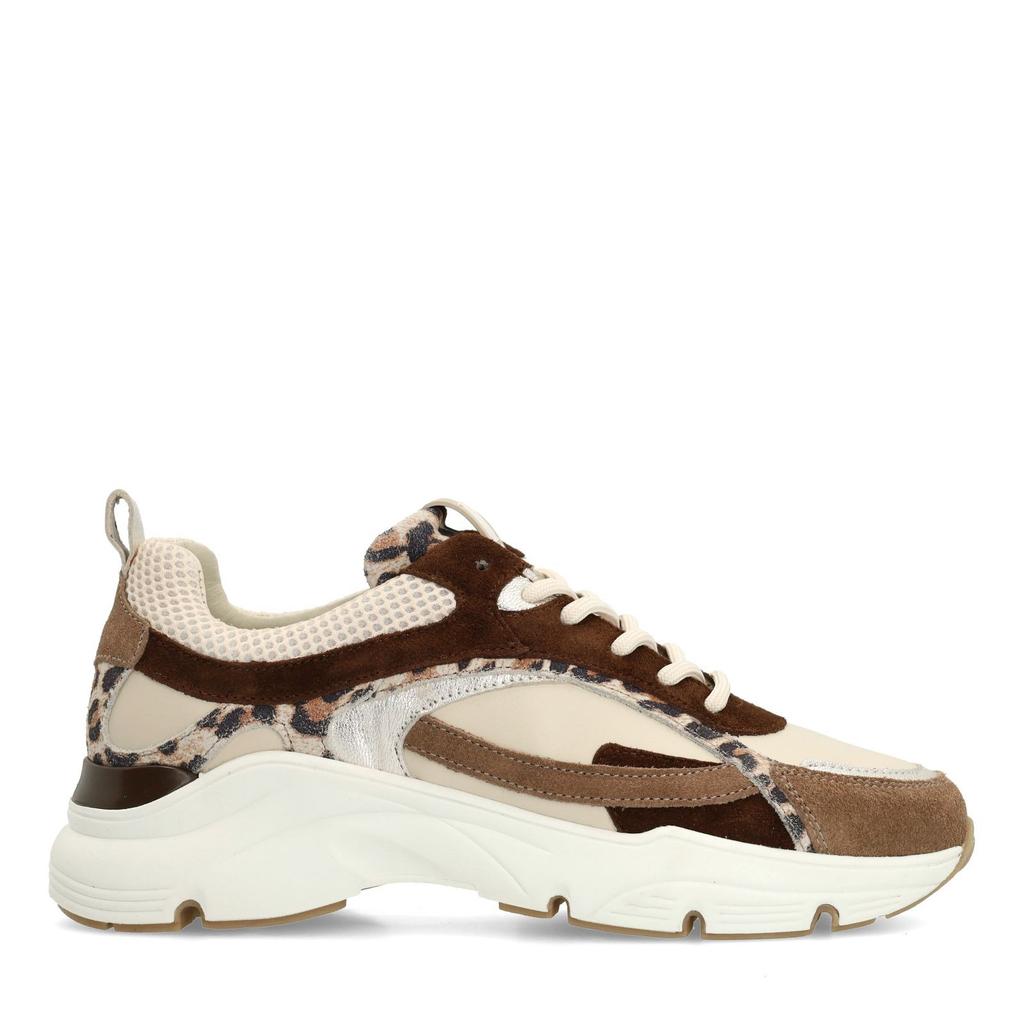 Beige en bruine dames Manfield chunky leren sneakers met veters