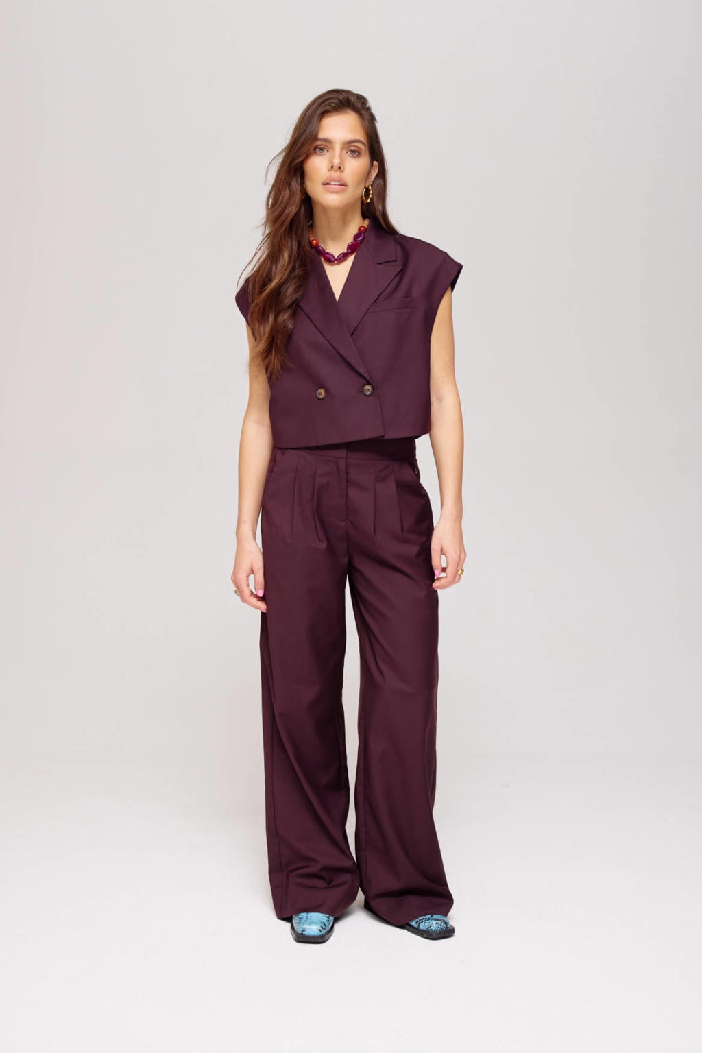 Donkerpaarse dames HARPER & YVE gilet van polyester met effen, reverskraag en knoopsluiting