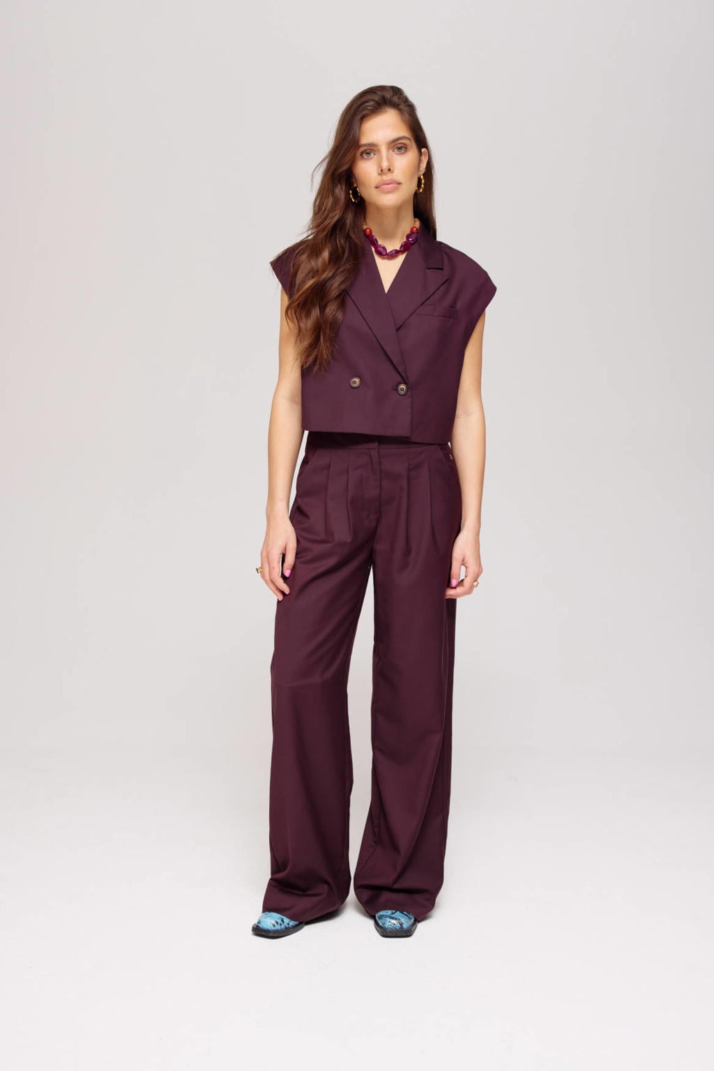 Donkerpaarse dames HARPER & YVE straight high waist broek van polyester met rits- en haaksluiting en effen