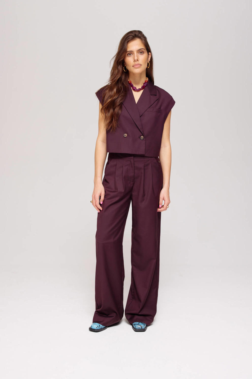 Donkerpaarse dames HARPER & YVE straight high waist broek van polyester met rits- en haaksluiting en effen