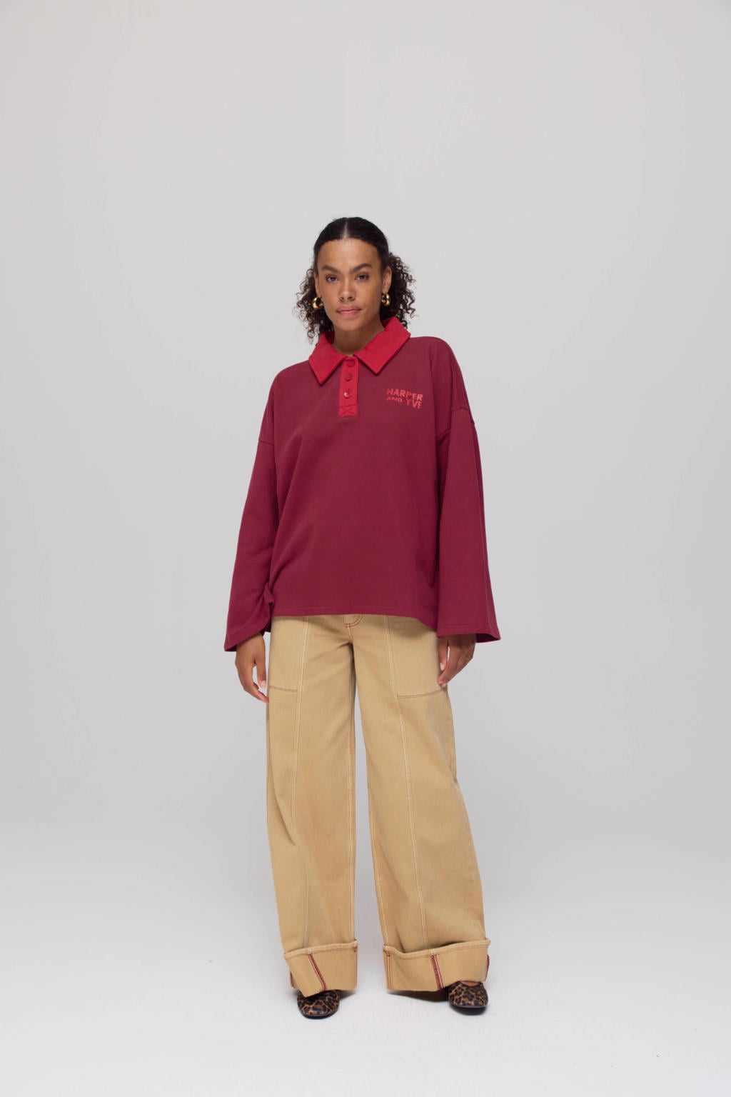 Rode dames HARPER & YVE sweater van katoen met strepenprint, lange mouwen en polo kraag