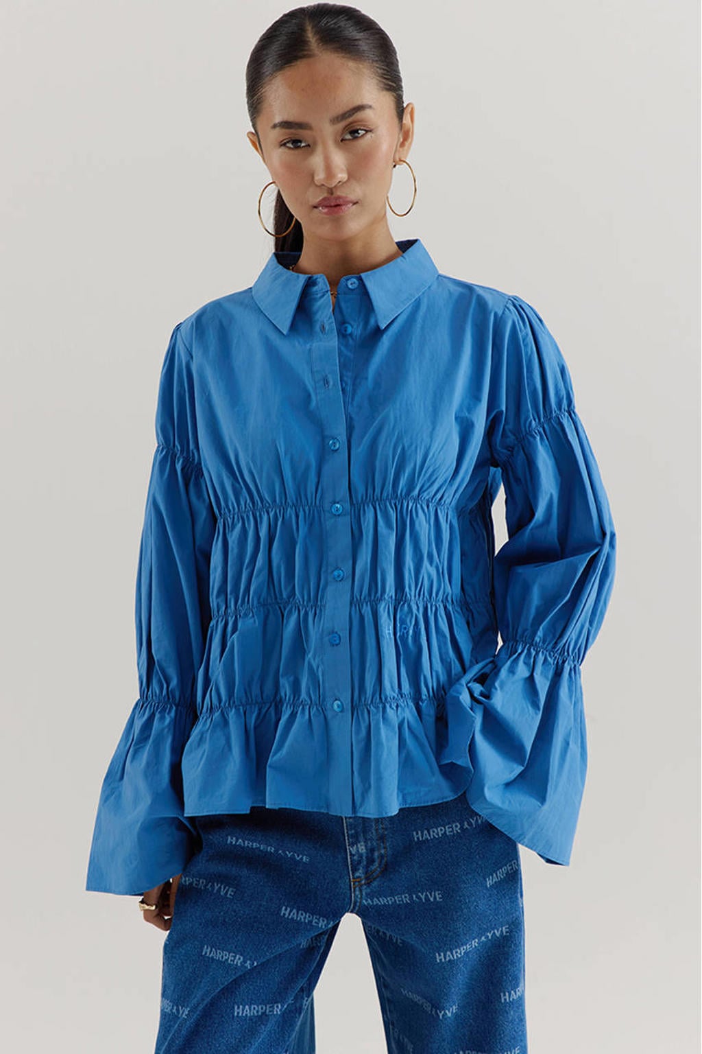 Blauwe dames HARPER & YVE blouse van katoen met effen, lange mouwen, klassieke kraag, knoopsluiting en plooien