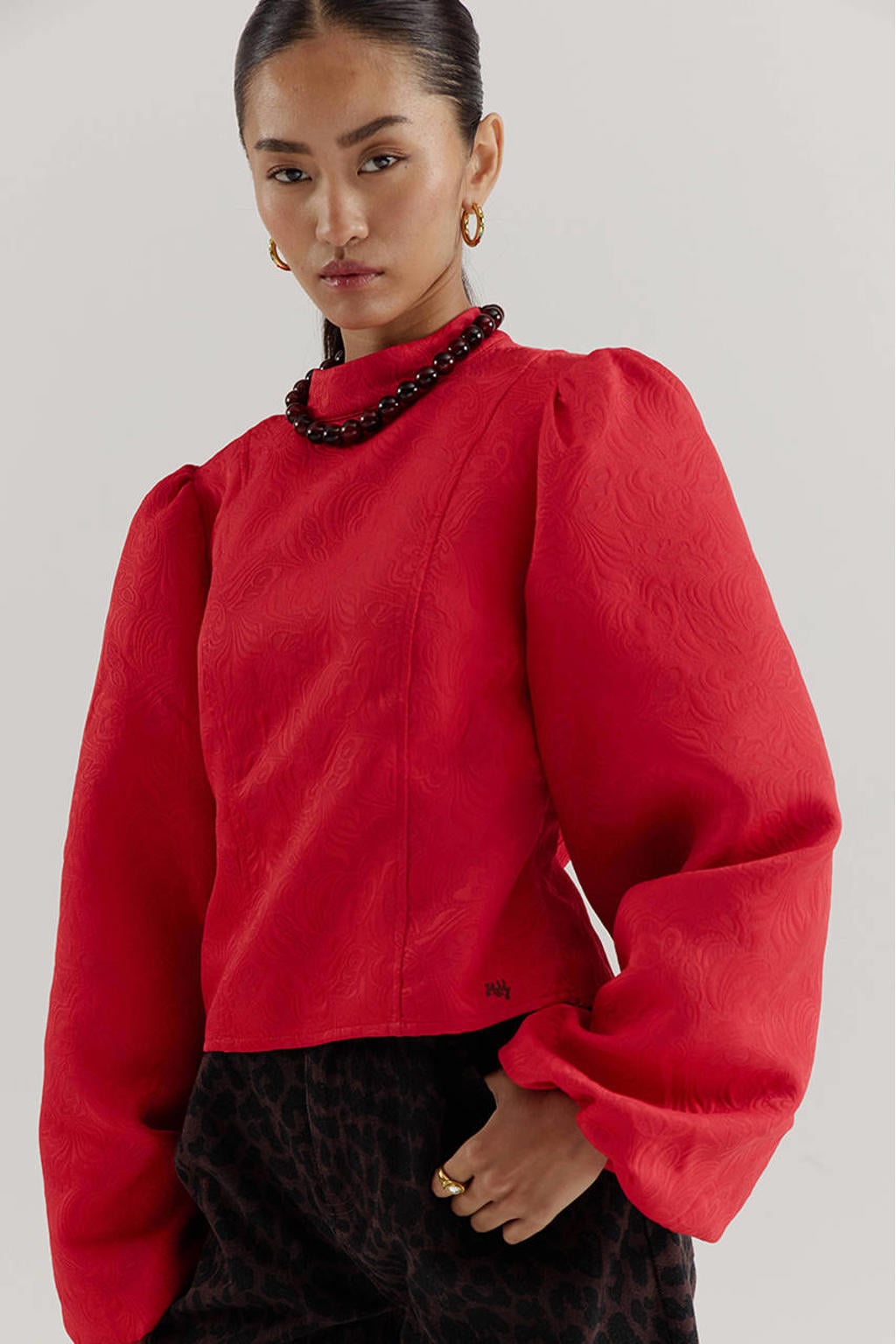 Rode dames HARPER & YVE blousetop van polyester met effen, lange mouwen, opstaande kraag en knoopsluiting