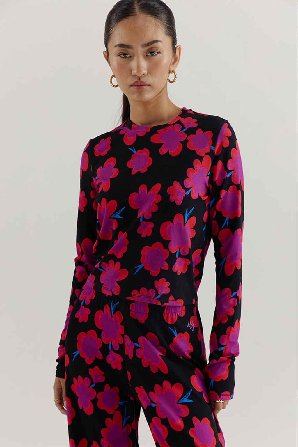 Roze dames HARPER & YVE gebloemde top van viscose met lange mouwen en ronde hals