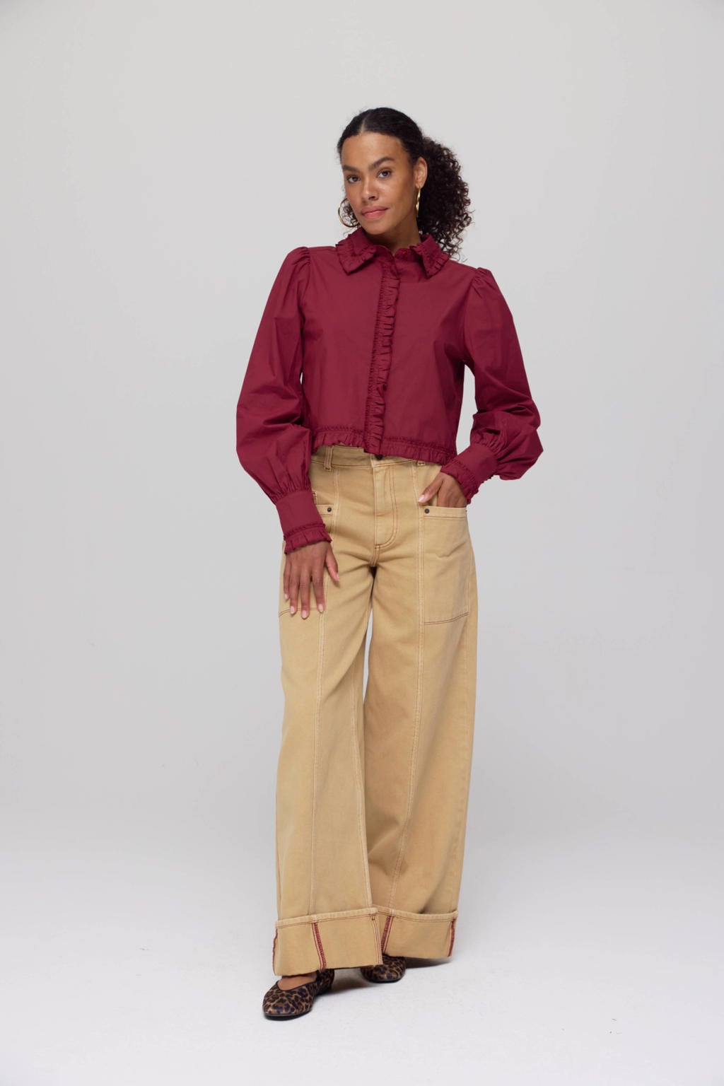 Oudroze dames HARPER & YVE blouse van katoen met effen, lange mouwen, klassieke kraag, knoopsluiting en ruches