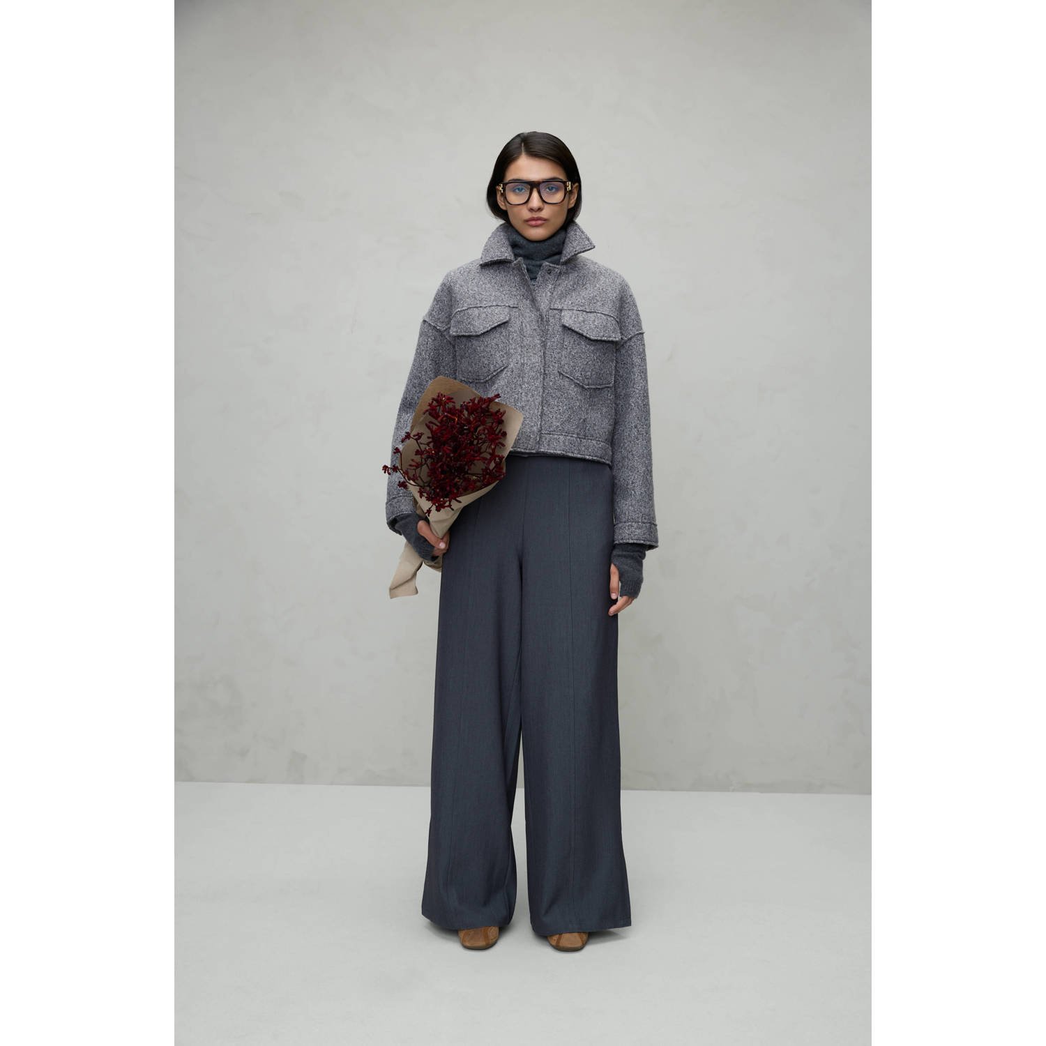 VILA wide leg high waist casual broek grijs