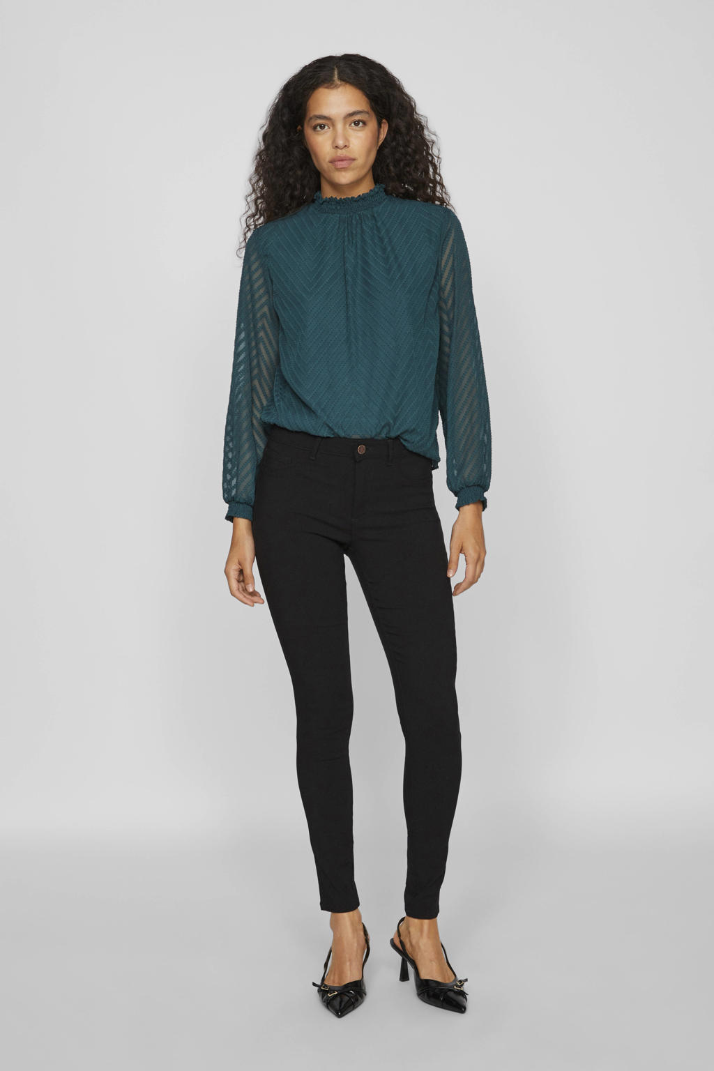 Donkergroene dames VILA top van polyester met effen, lange mouwen en semi-transparante details