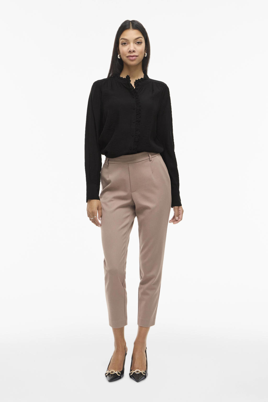 Zwarte dames VILA blouse van viscose met effen, lange mouwen, klassieke kraag, knoopsluiting en ruches
