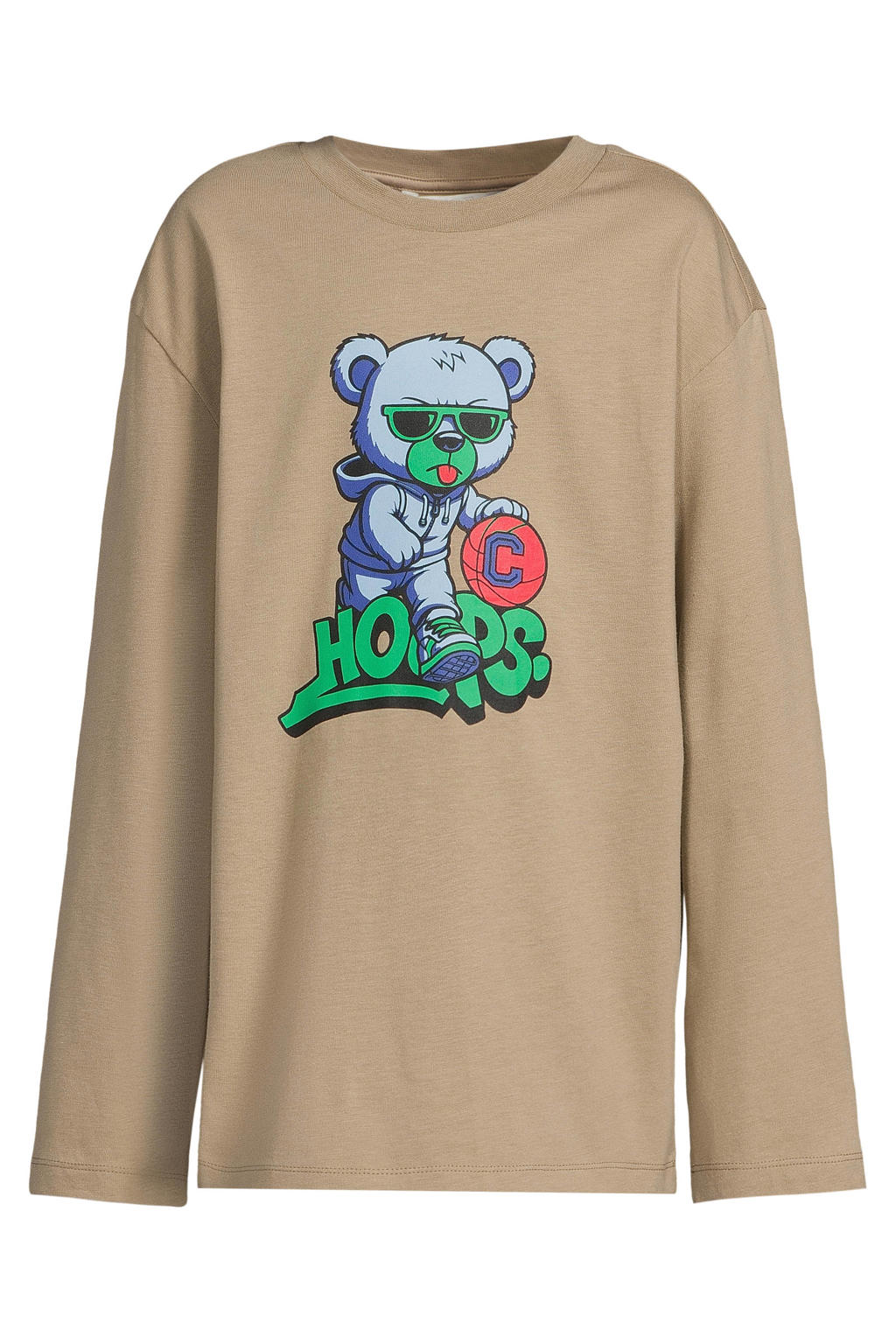 Zandkleurige jongens Coolcat oversized longsleeve printopdruk Corey van katoen met lange mouwen en ronde hals