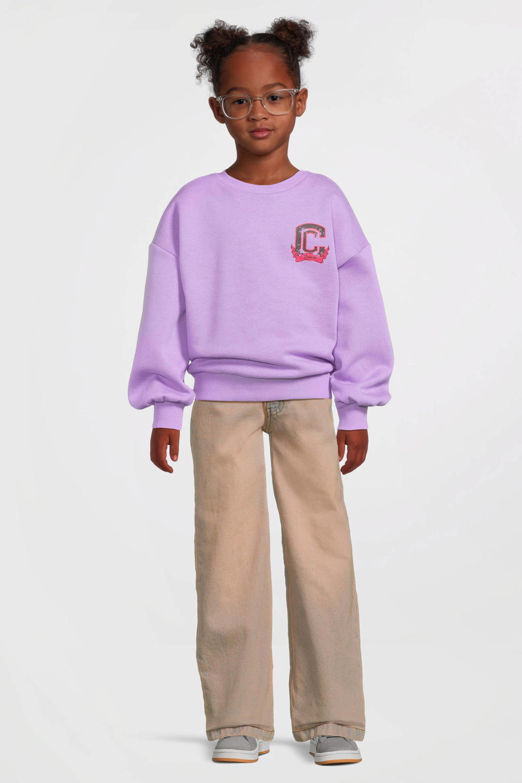 Lilakleurige meisjes Coolcat oversized sweater Nora met printopdruk, lange mouwen en ronde hals