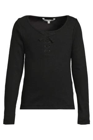 geribde longsleeve met strikdetail leslie zwart