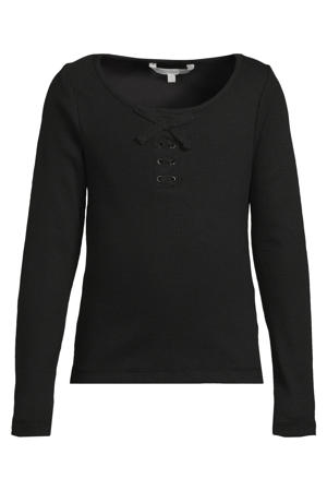 geribde longsleeve met strikdetail leslie zwart