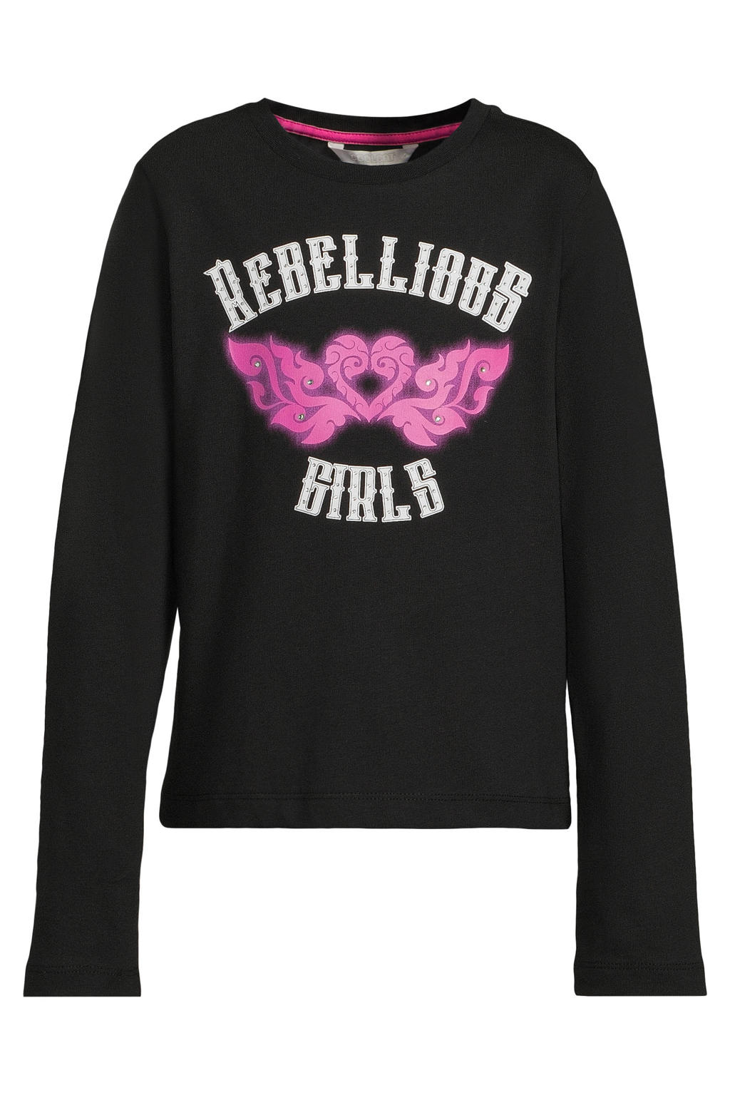 Zwarte meisjes Coolcat longsleeve Girls print Michelle van katoen met lange mouwen, ronde hals en strass steentjes