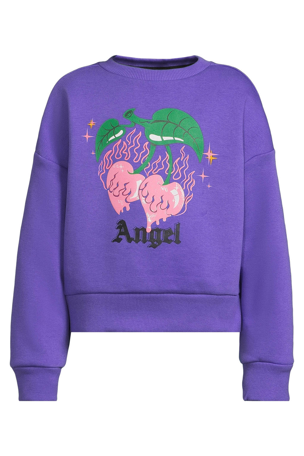 Paarse meisjes Coolcat boxy fleece sweater Sanne met printopdruk, lange mouwen en ronde hals