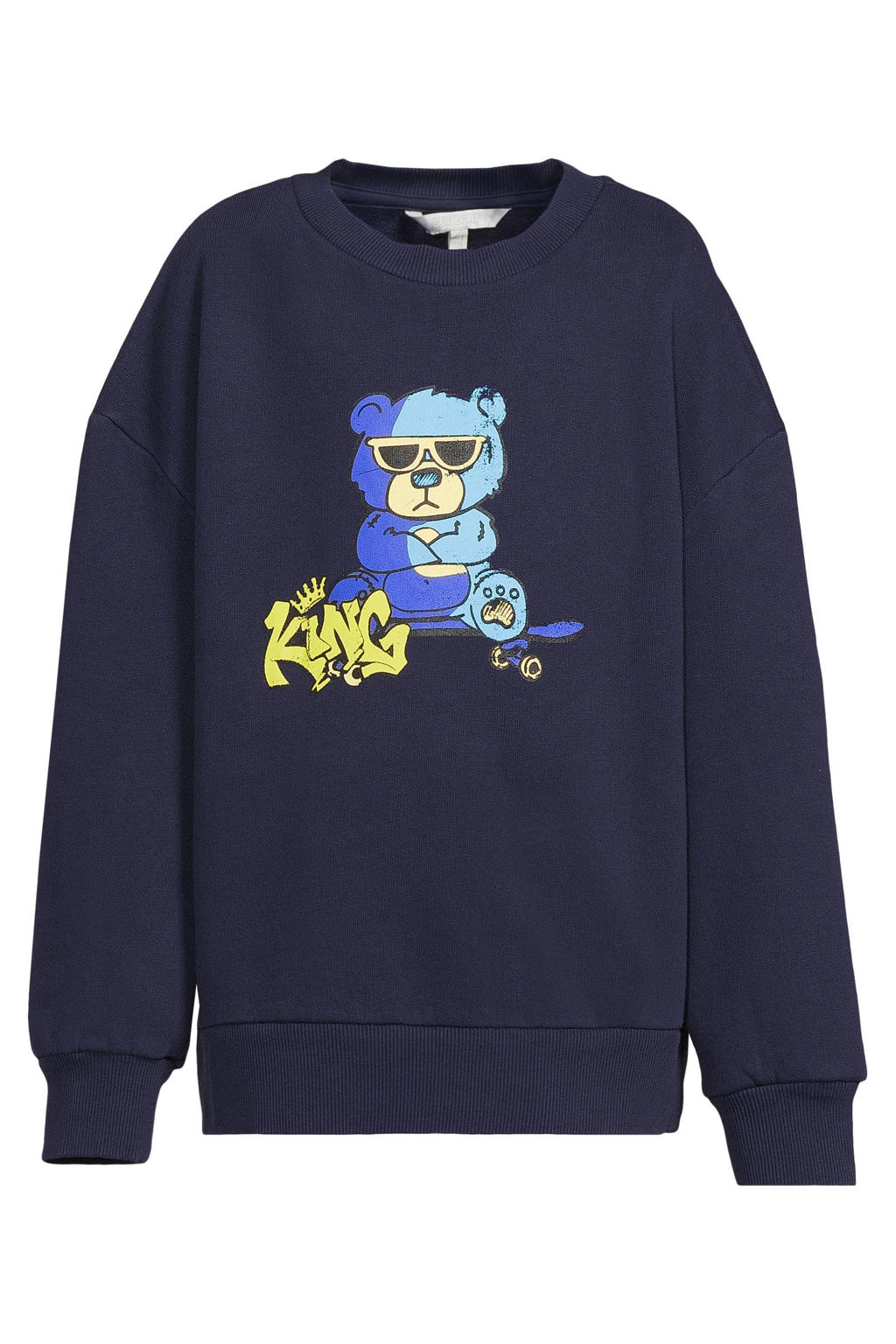 Marineblauw jongens Coolcat fleece sweater printopdruk Kane met lange mouwen en ronde hals