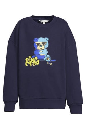 fleece sweater met beer printopdruk Kane donkerblauw