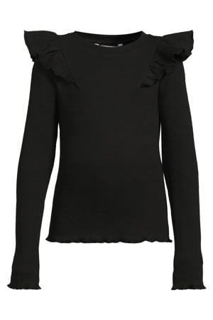 geribde longsleeve met ruches Megan zwart