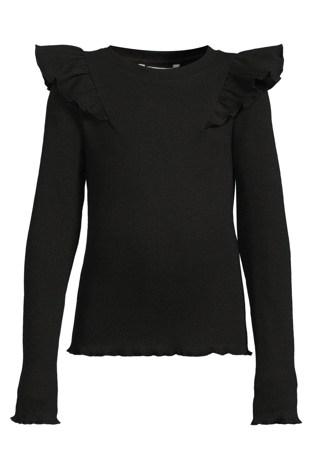 Zwarte meisjes Coolcat geribde longsleeve Megan van stretchkatoen met effen, lange mouwen en ronde hals