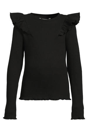 geribde longsleeve met ruches Megan zwart