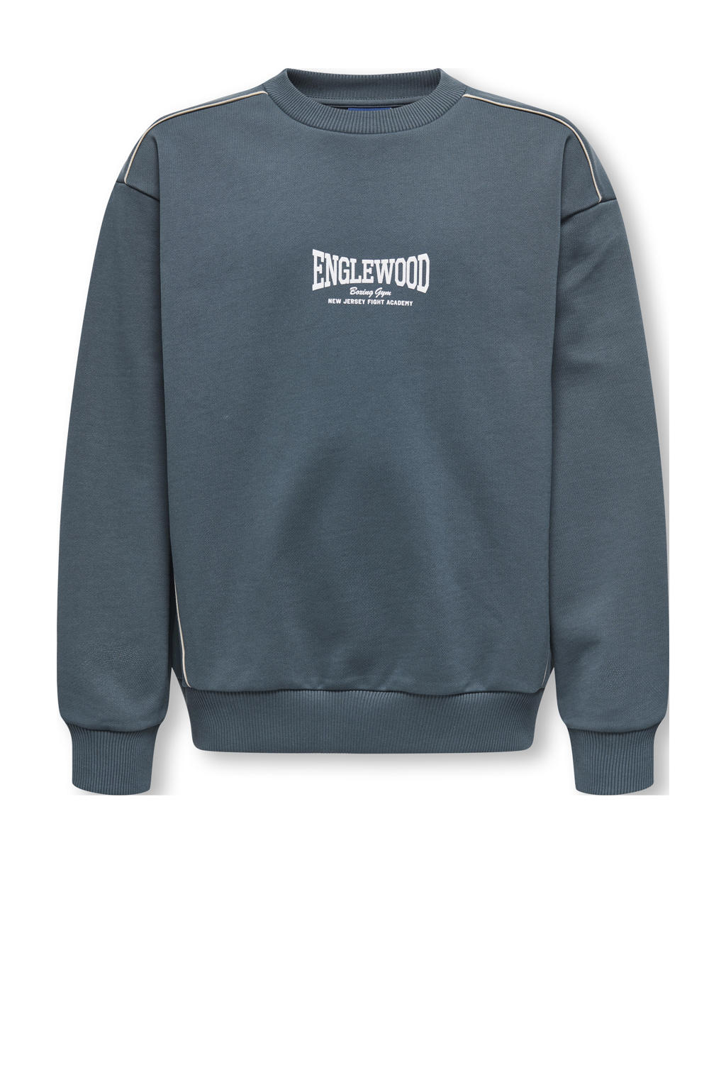 Grijsblauwe jongens ONLY & SONS JUNIOR sweater blauw met printopdruk, lange mouwen, ronde hals en geribde boorden