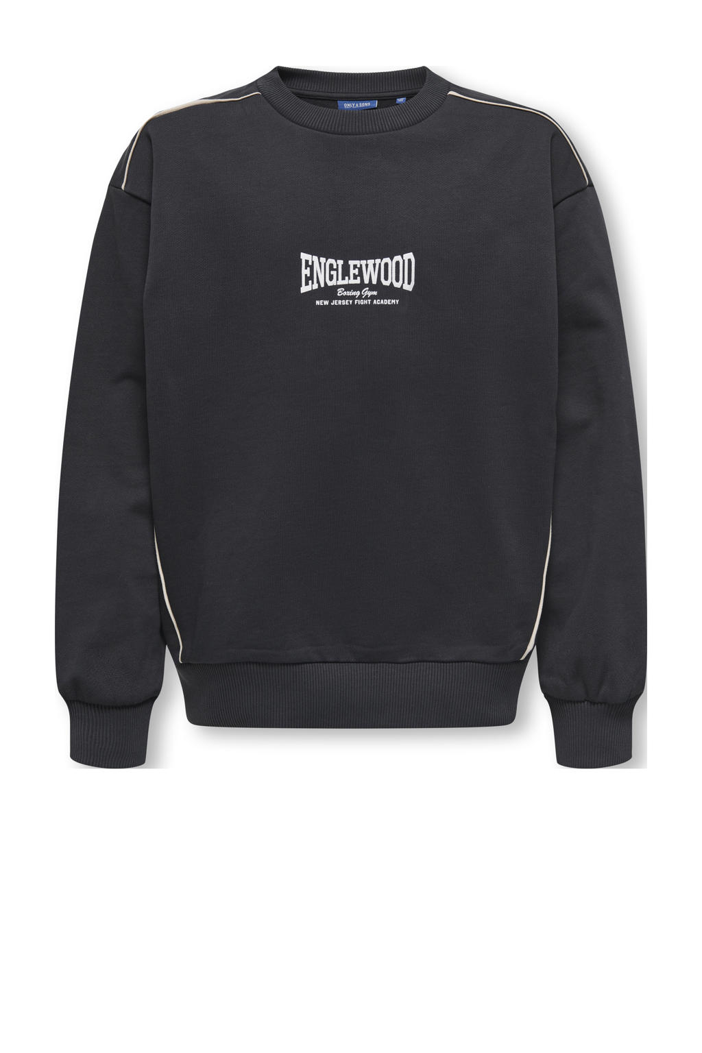 Zwarte jongens ONLY & SONS JUNIOR sweater met printopdruk, lange mouwen, ronde hals en geribde boorden