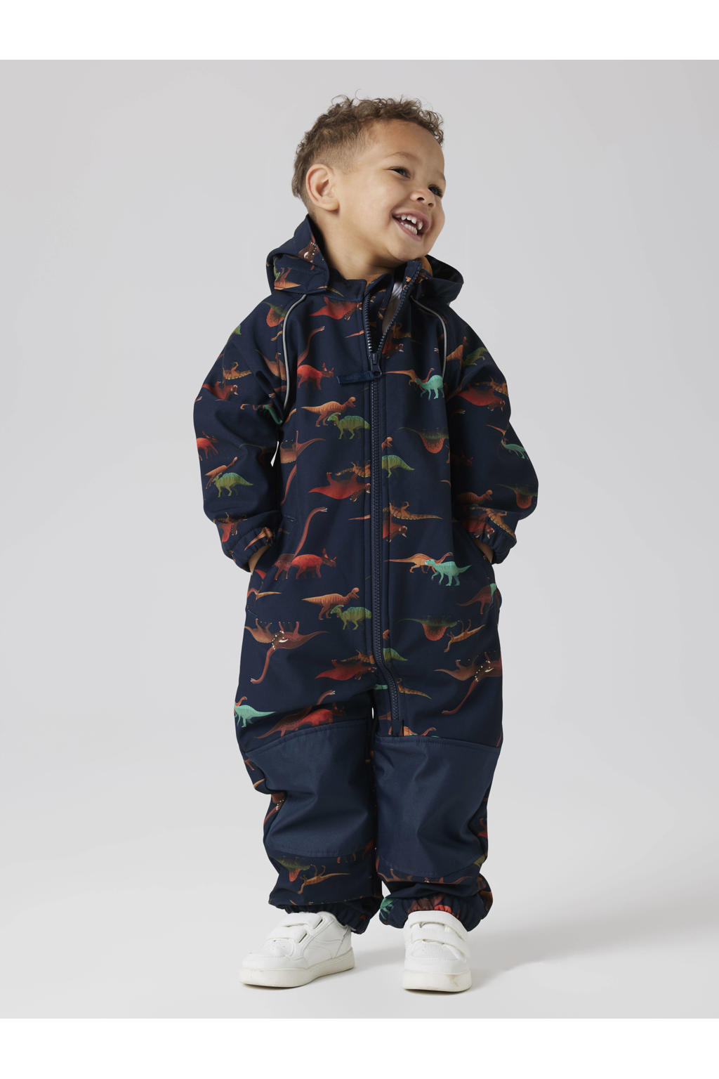 Donkerblauw en multikleurige jongens NAME IT MINI buitenspeelpak van polyester met lange mouwen, capuchon, ritssluiting en reflecterende details