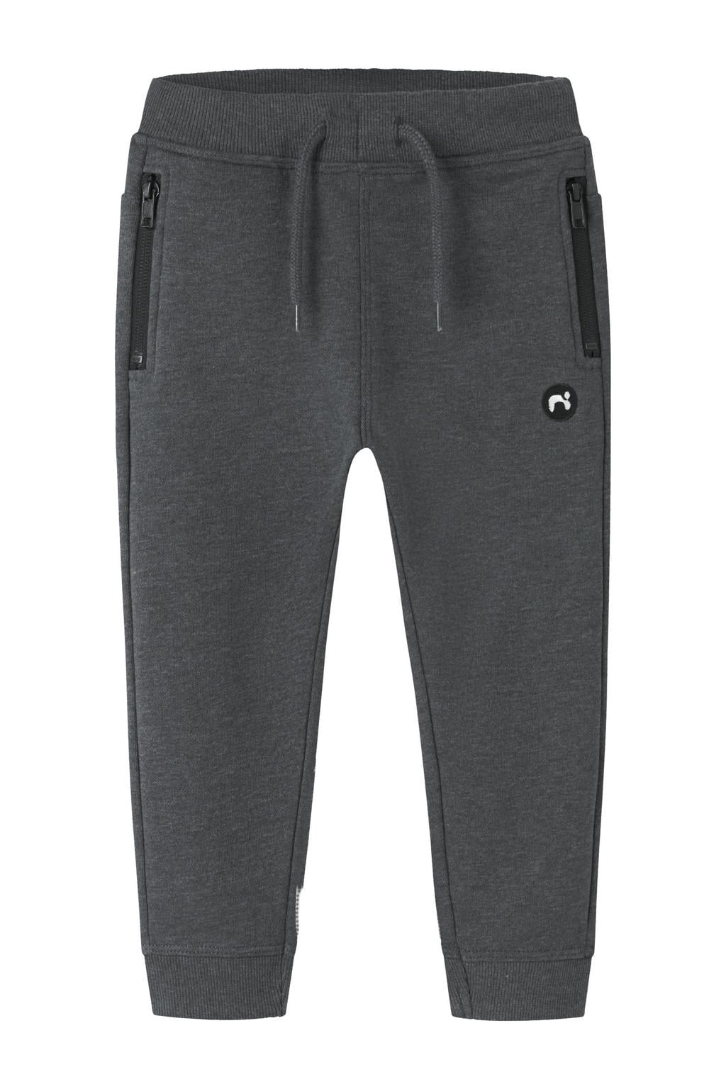 Grijs melange jongens NAME IT MINI slim fit joggingbroek melange van katoen met elastische tailleband met koord en effen