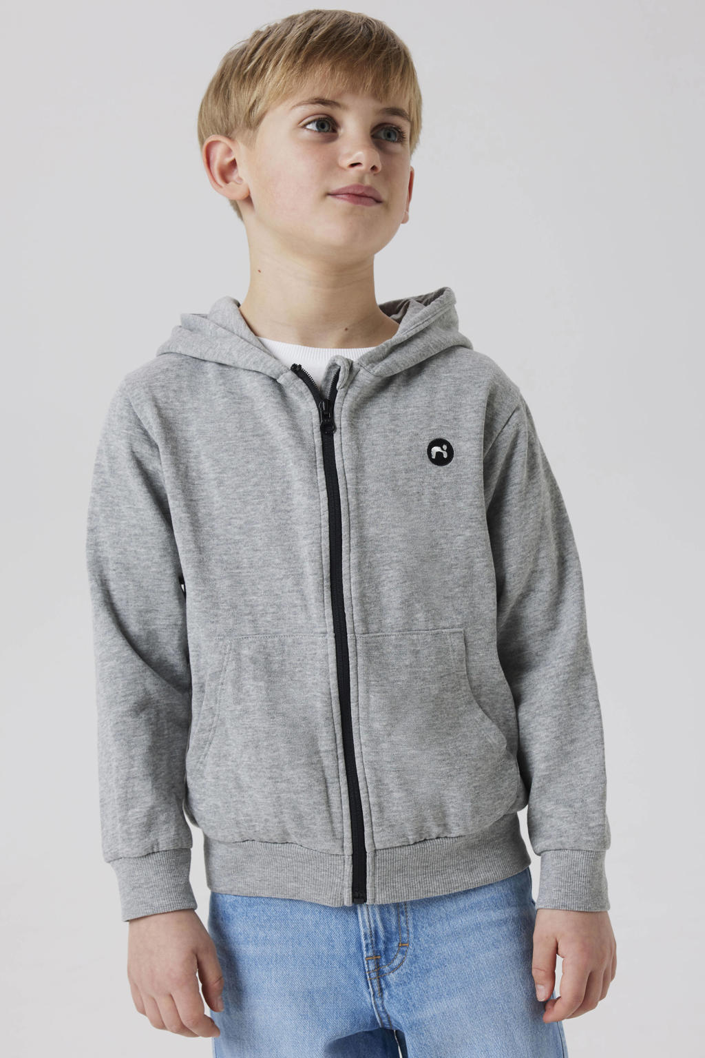 Grijs melange jongens NAME IT KIDS sweatvest melange met effen, lange mouwen, capuchon, ritssluiting en geribde boorden