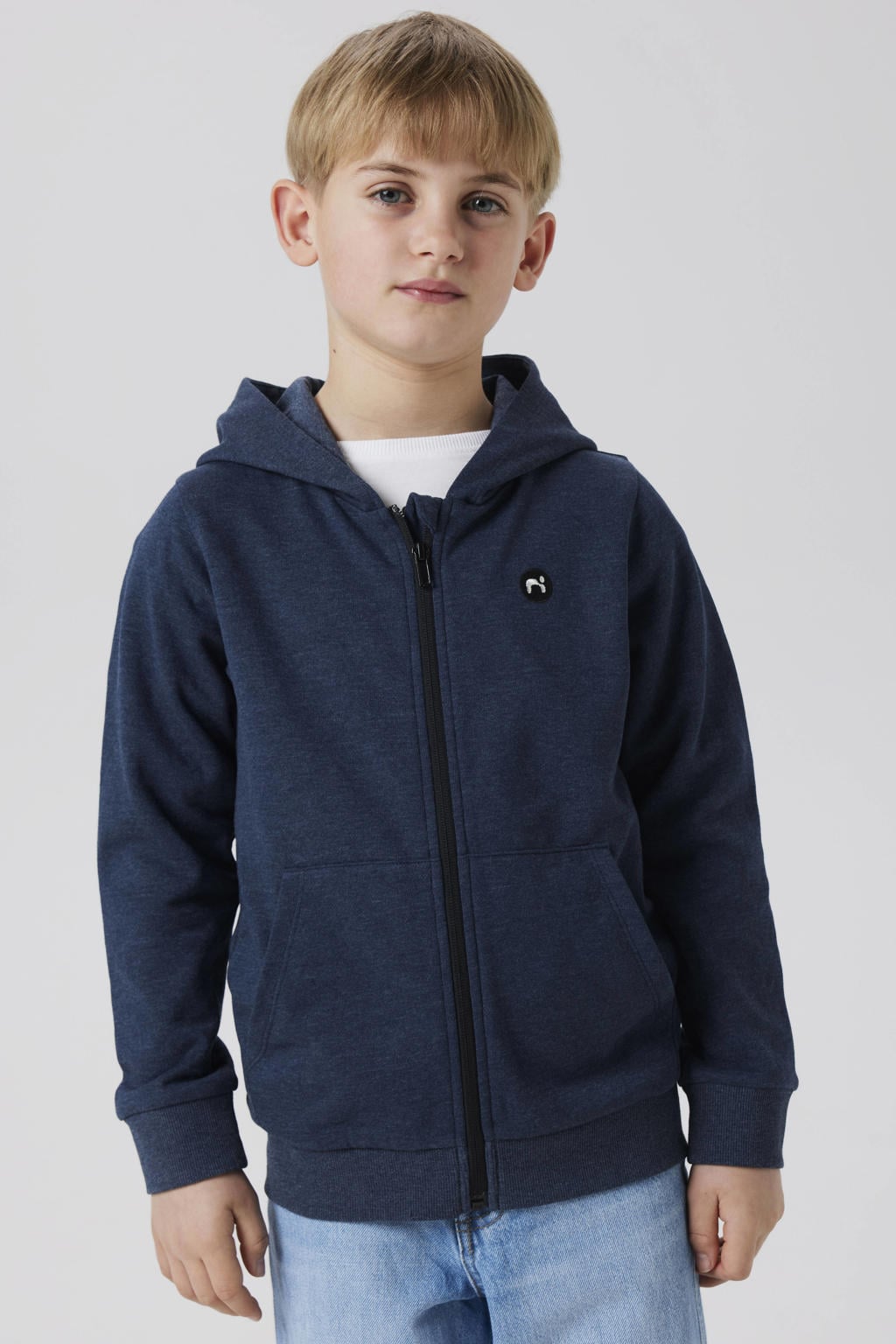 Donkerblauwe jongens NAME IT KIDS sweatvest met effen, lange mouwen, capuchon, ritssluiting en geribde boorden