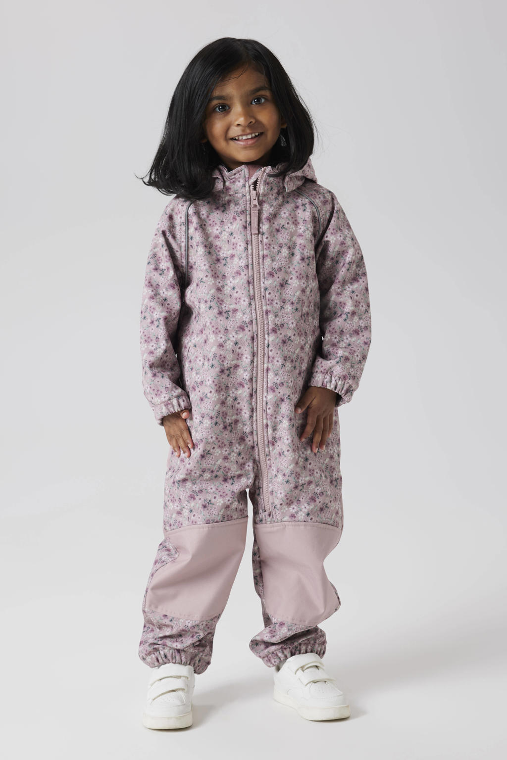 Oudroze meisjes NAME IT MINI softshell buitenspeelpak NMFALFA met bloemenprint, lange mouwen, capuchon, ritssluiting en reflecterende details