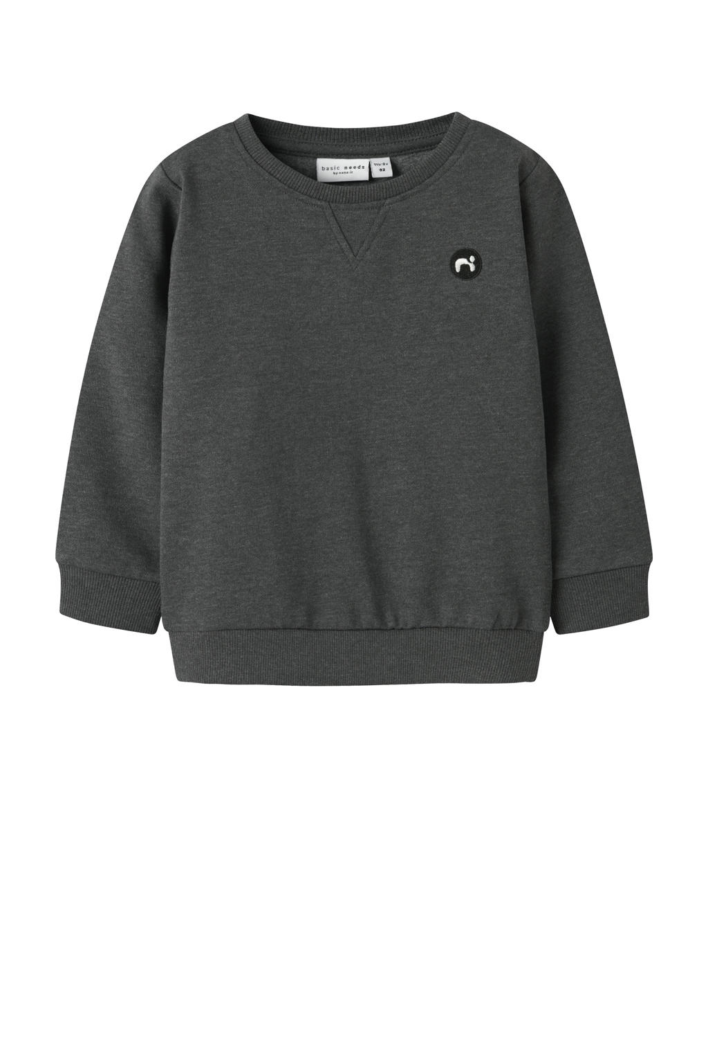 Grijs melange jongens NAME IT MINI sweater melange van katoen met effen, lange mouwen en ronde hals