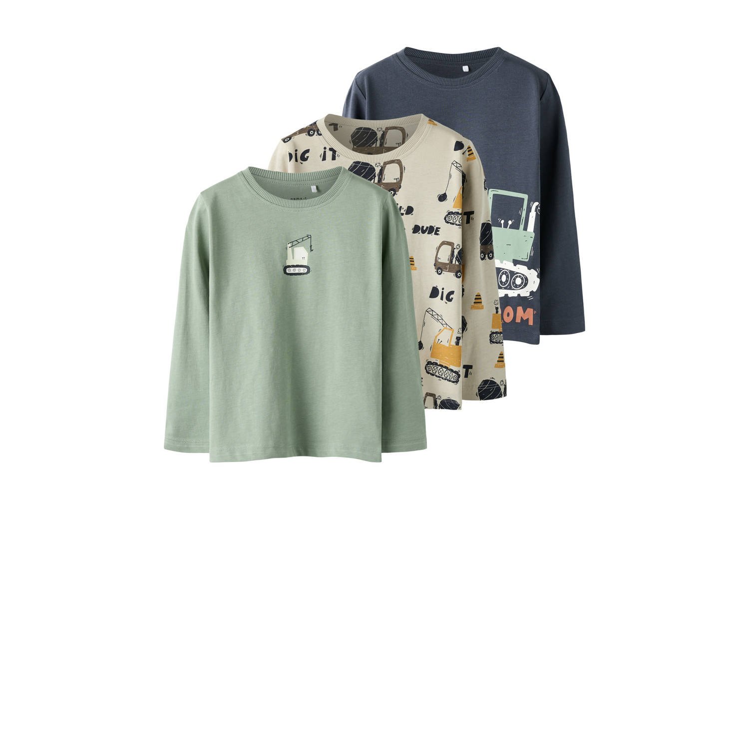 NAME IT MINI longsleeve NMMNIKO set van 3 lichtgroen beige donkerblauw