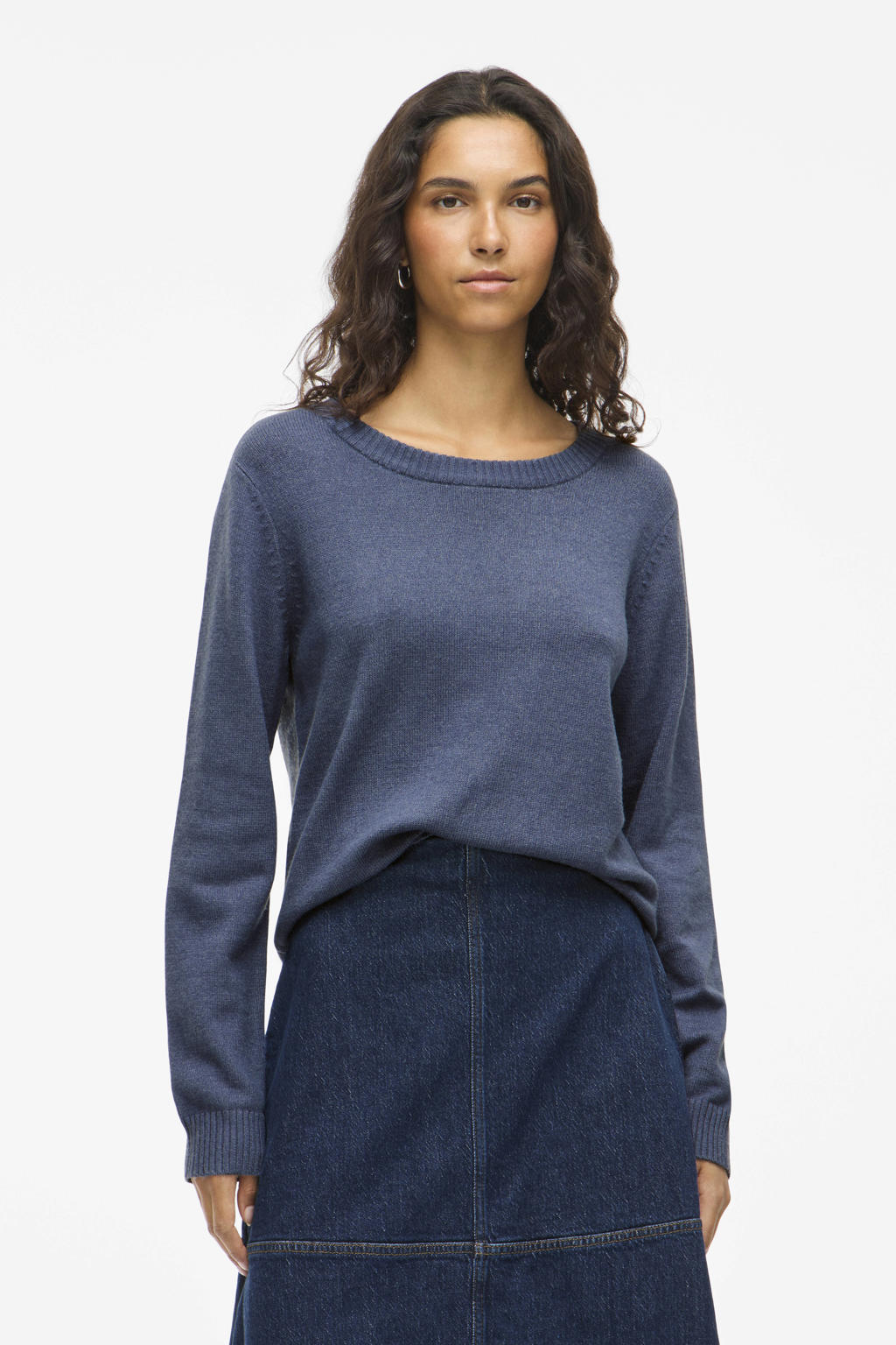 Blauwe dames VILA trui gebreid van viscose met effen, lange mouwen en ronde hals