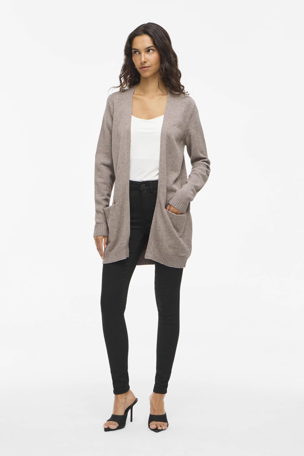Zandkleurige dames VILA vest gebreid van viscose met effen, lange mouwen en openvallende hals