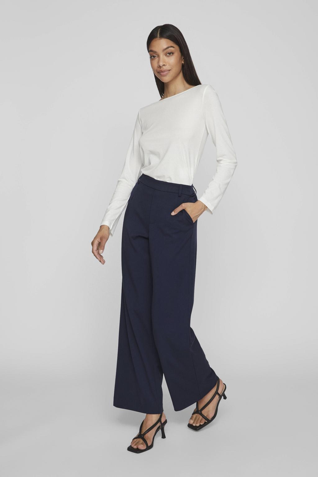 Marineblauw dames VILA wide leg high waist casual broek blauw met effen