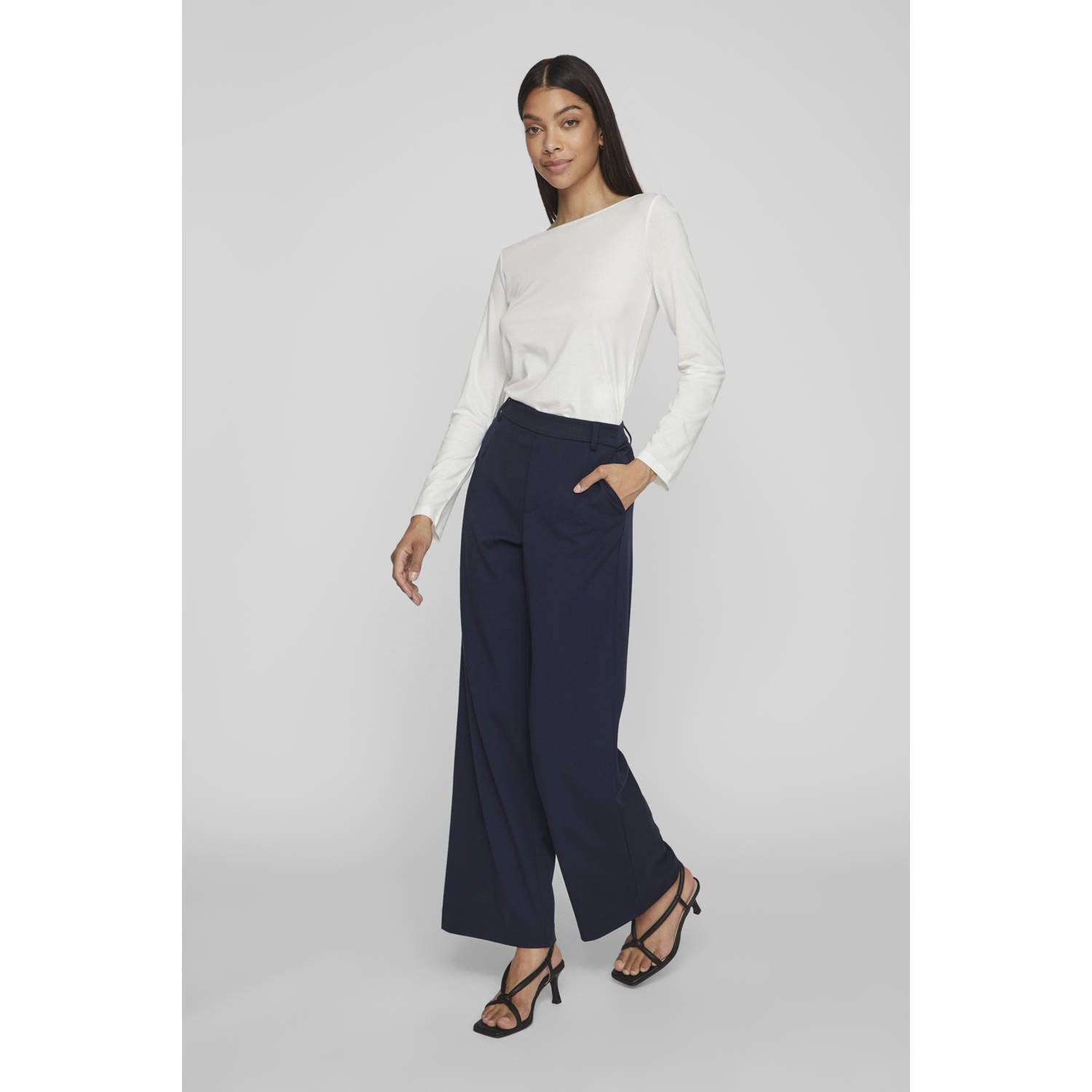 VILA wide leg high waist casual broek marine