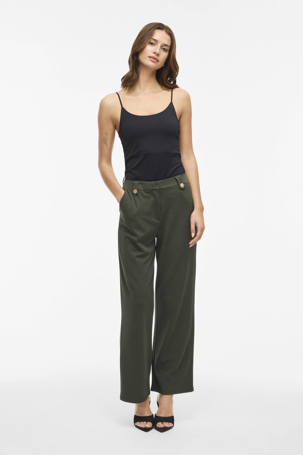 Donkergroene dames VILA straight high waist pantalon van polyester met rits- en haaksluiting en effen