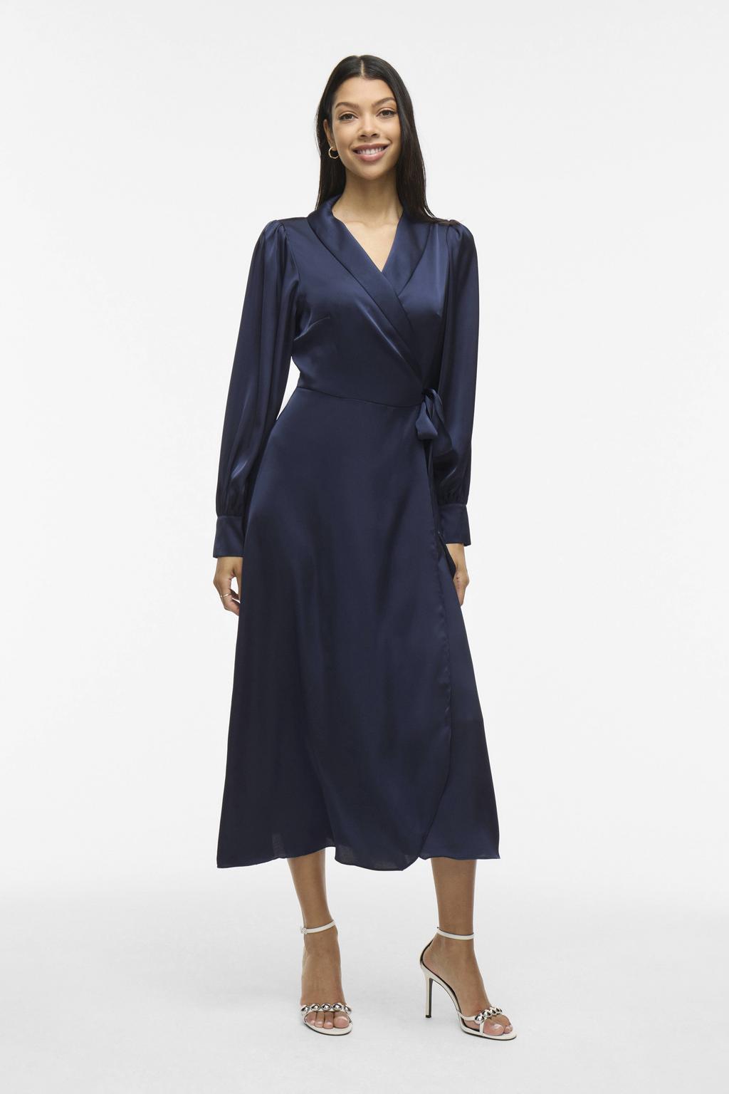 Marineblauw dames VILA wikkel- overslagjurk blauw van polyester met effen, lange mouwen en striksluiting