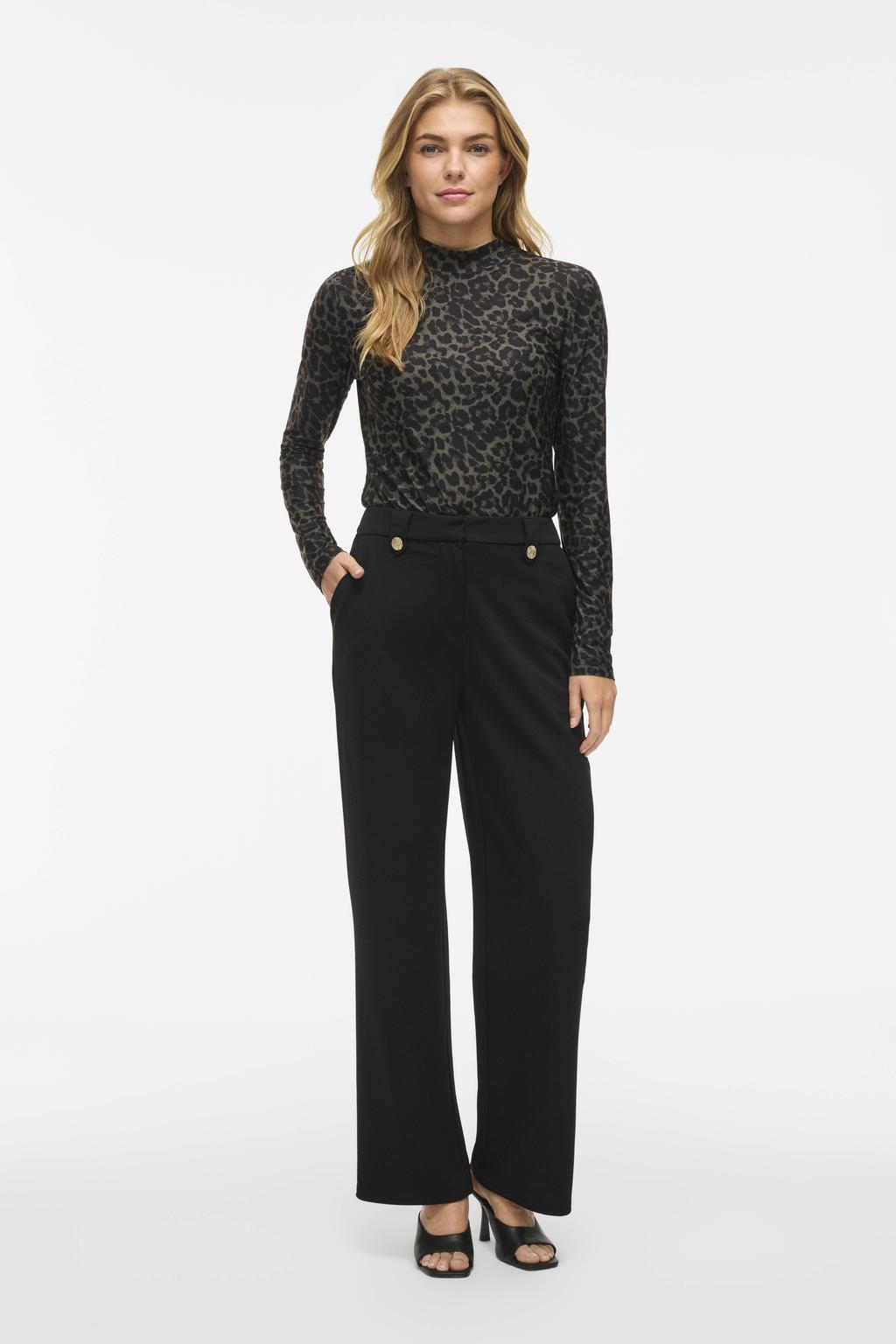 Zwarte dames VILA straight high waist pantalon van polyester met rits- en haaksluiting en effen
