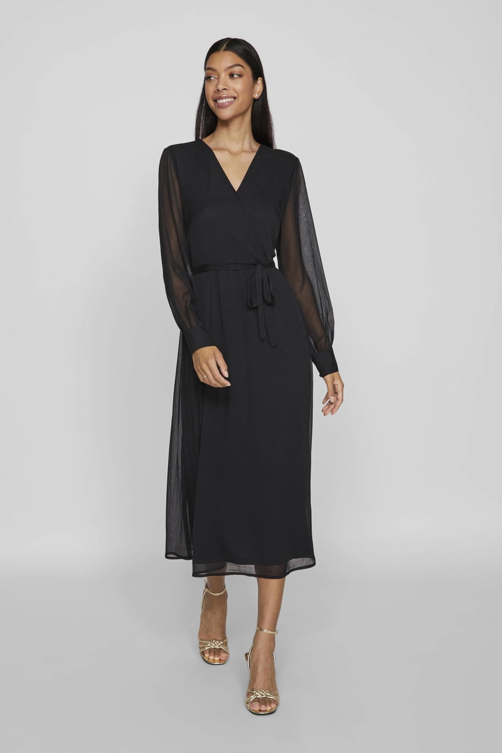 Zwarte dames VILA midi jurk van polyester met effen, lange mouwen en V-hals