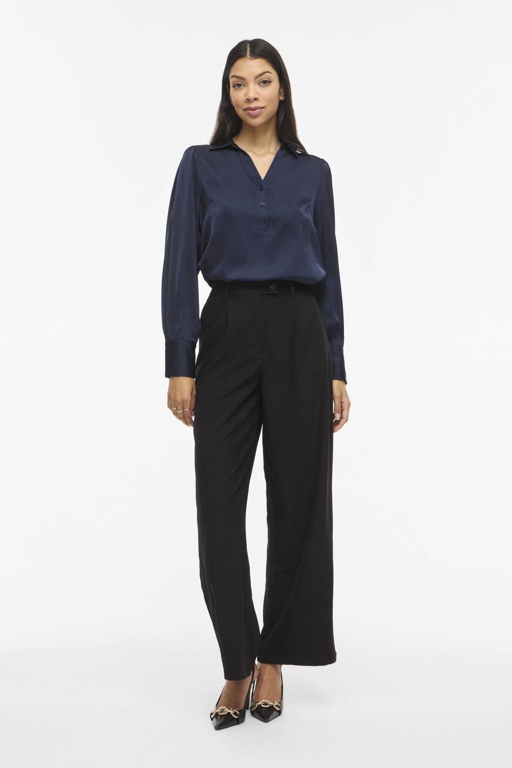 Zwarte dames VILA wide leg high waist pantalon met rits- en knoopsluiting en effen