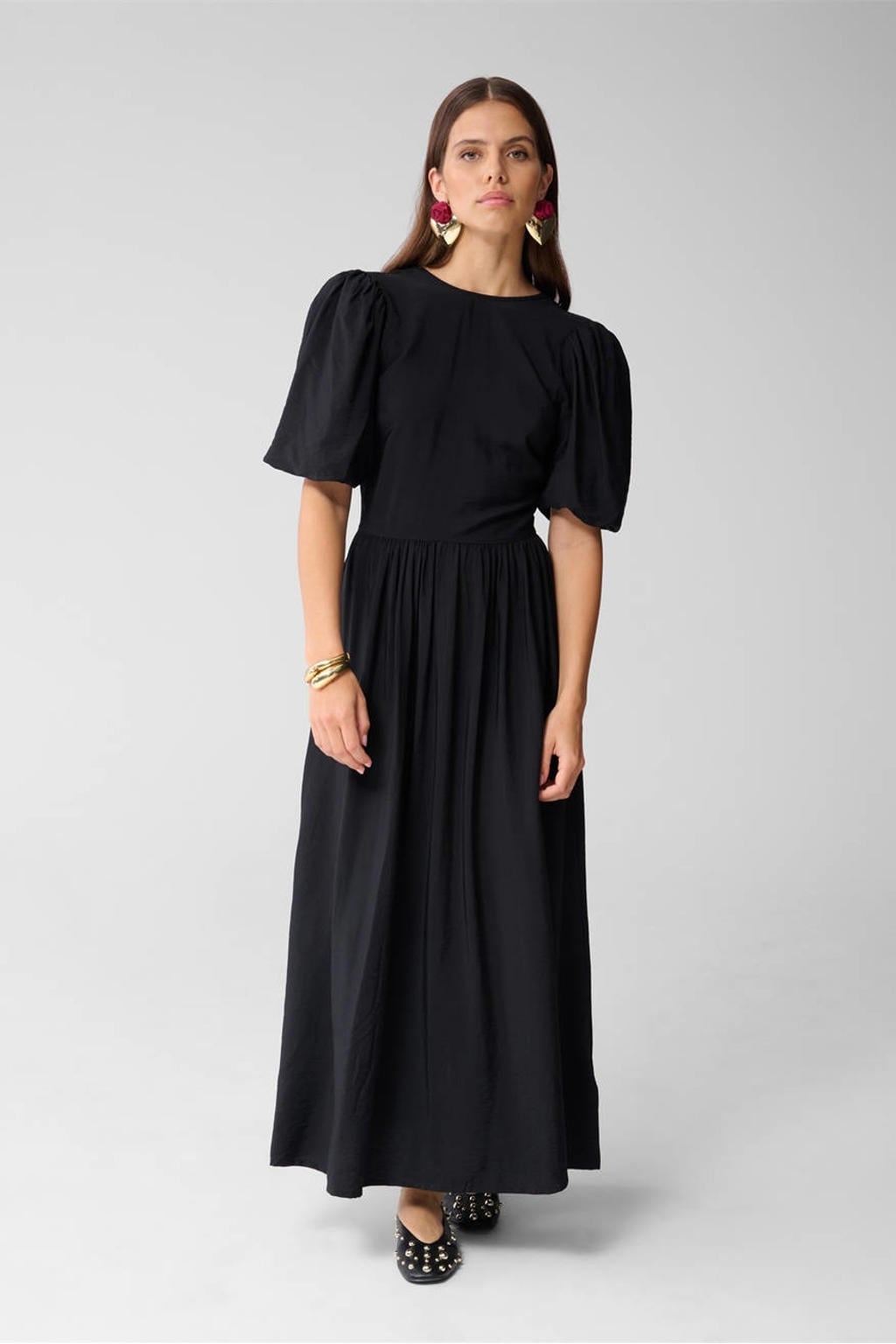 Zwarte dames Shoeby maxi jurk van viscose met effen, korte mouwen, ronde hals en striksluiting