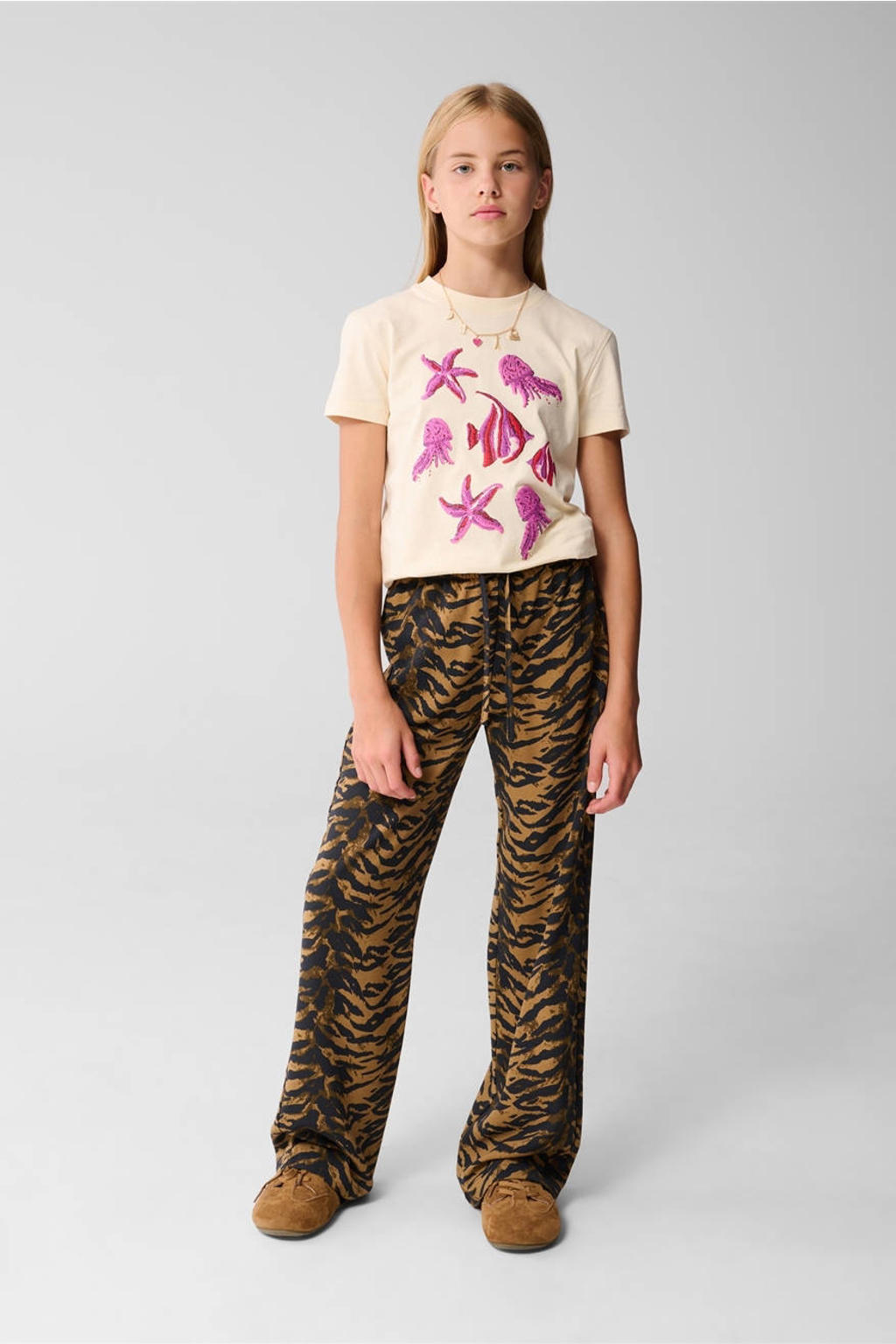 Bruine meisjes Shoeby wide leg casual broek met high waist en elastische tailleband met koord