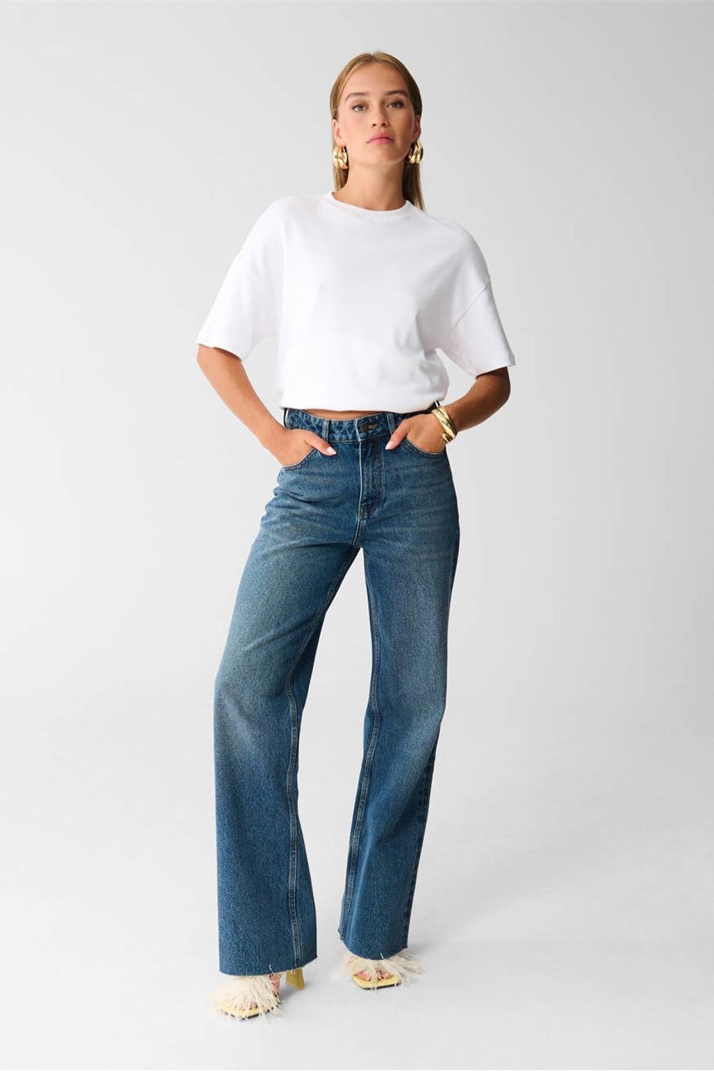 Blauwe dames Shoeby high waist wide leg jeans dark blue van katoen met rits- en knoopsluiting en effen