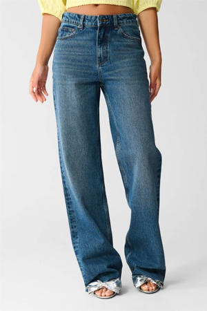 high waist straight leg jeans medium blue denim